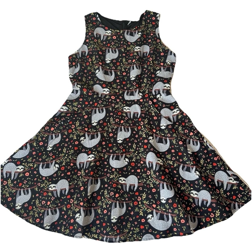 L.A. Soul Whimsical Sloth Floral Print Skater Dress Black-S-Pockets Indie Grunge